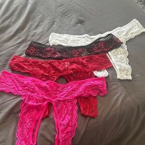 Set of 4 Crotchless/Backless Lace Thong Set - Red, Pink, Black, White